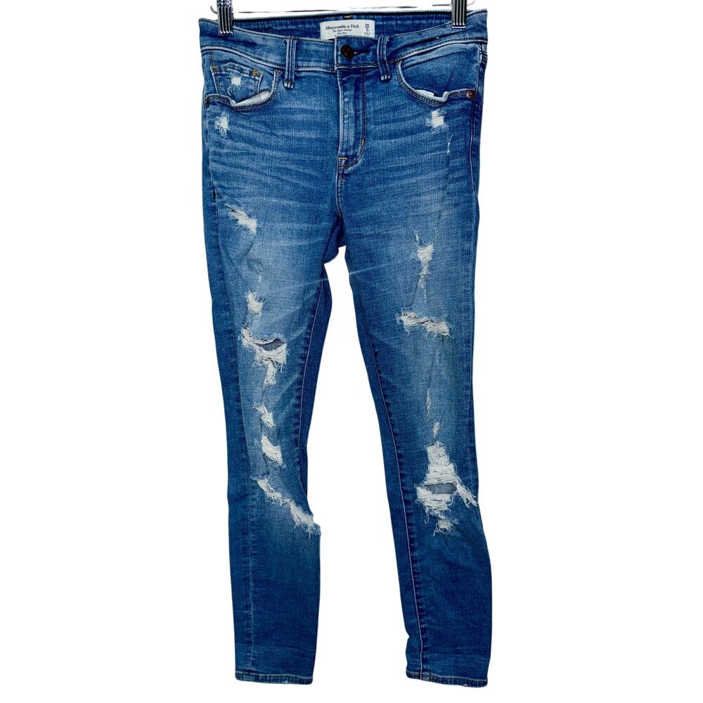 Abercrombie & Fitch Super Skinny Mid Rise Blue Denim Distressed Jeans Size 26 2